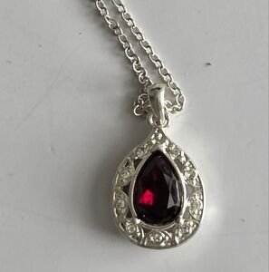 NRT (Avon) Vintage Pendant Necklace- Silver Tone- Red Stone- 17 In Length